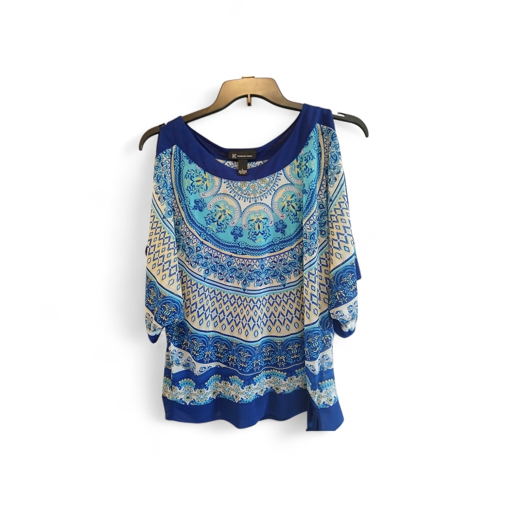 I N C  Blue and Cream Patterned Blouse